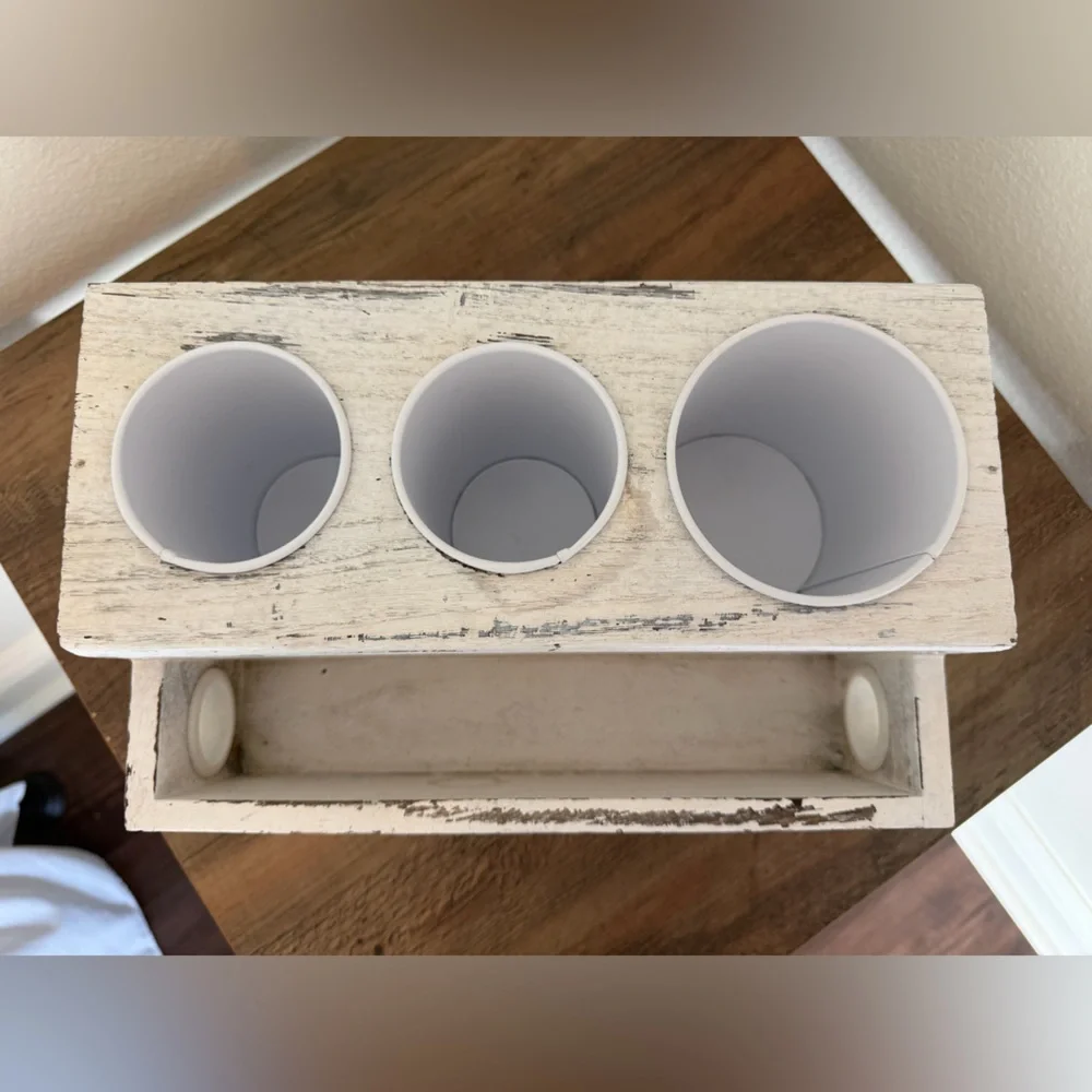 White Rustic Wooden Bath Countertop Organizer with 3 Holders